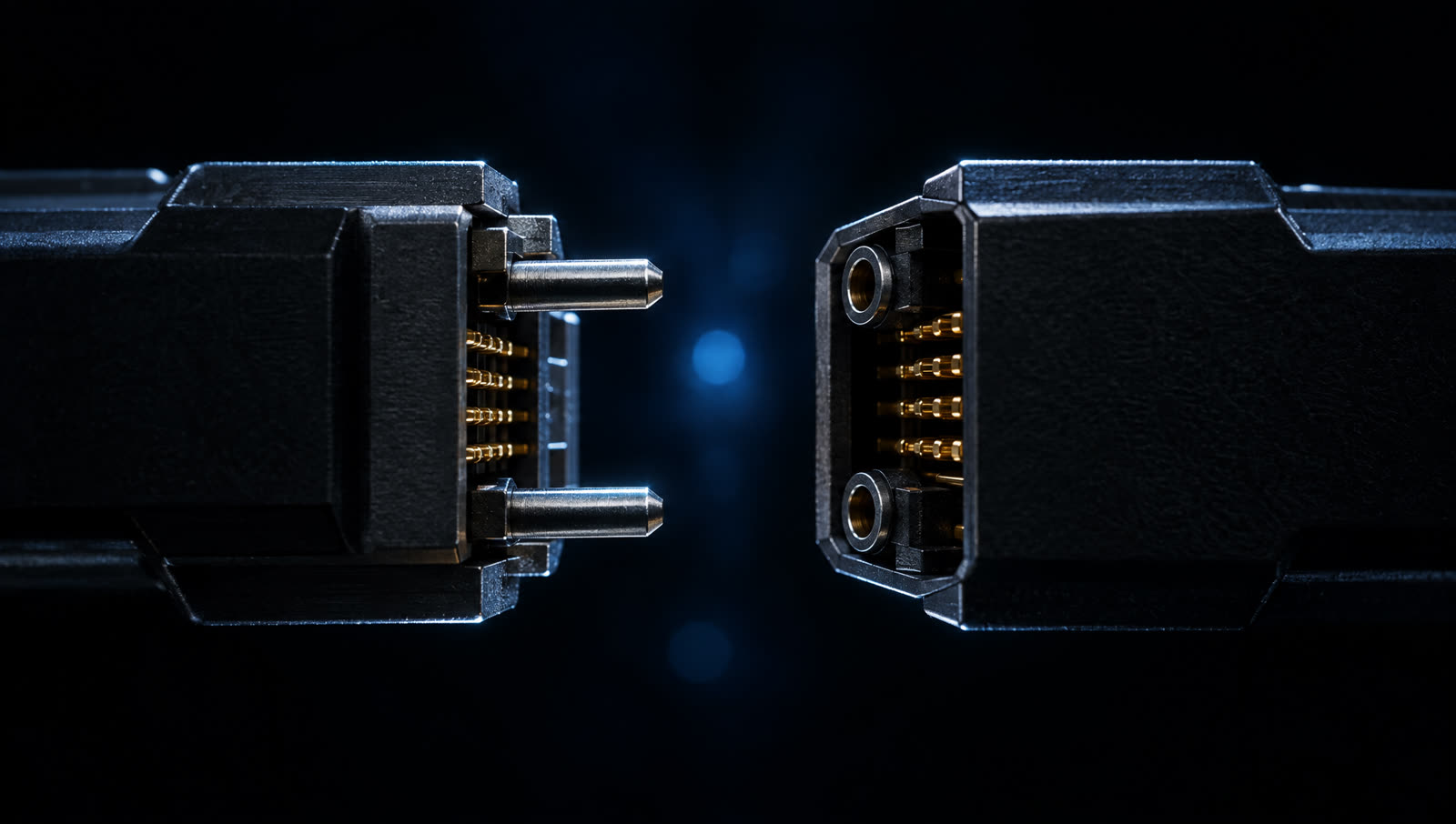 Two connector halves facing each other in near darkness